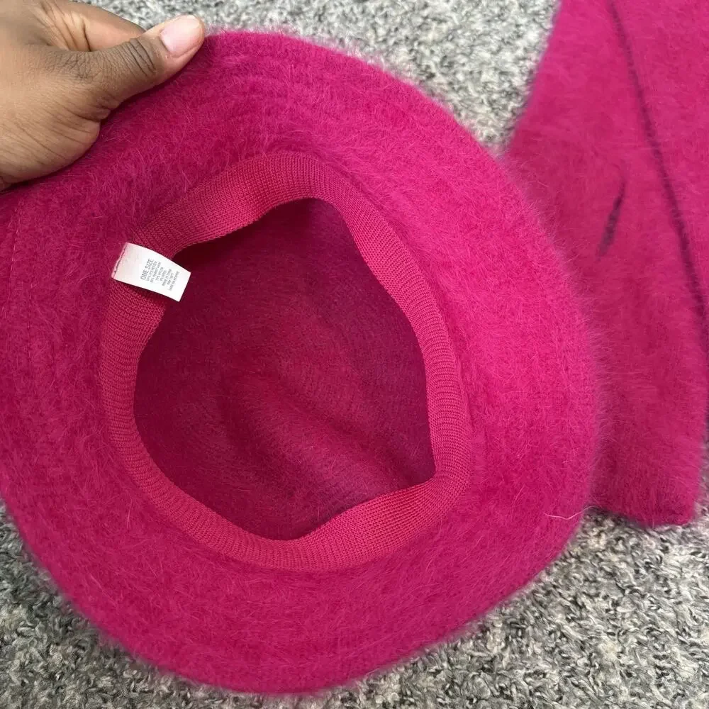 VTG Bucket Hat + Scarf Angora Rabbit Hair Hot Pink New